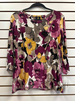 JM Collection Purple & Mustard Print Size M 3/4 Sleeve Top