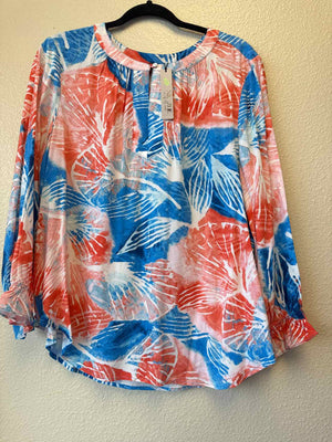 Size L Nic & Zoe White, Blue & Coral Print 3/4 Sleeve Top