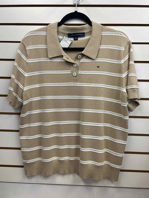 Size XL Tommy Hilfiger Tan/White Short Sleeve Sweater
